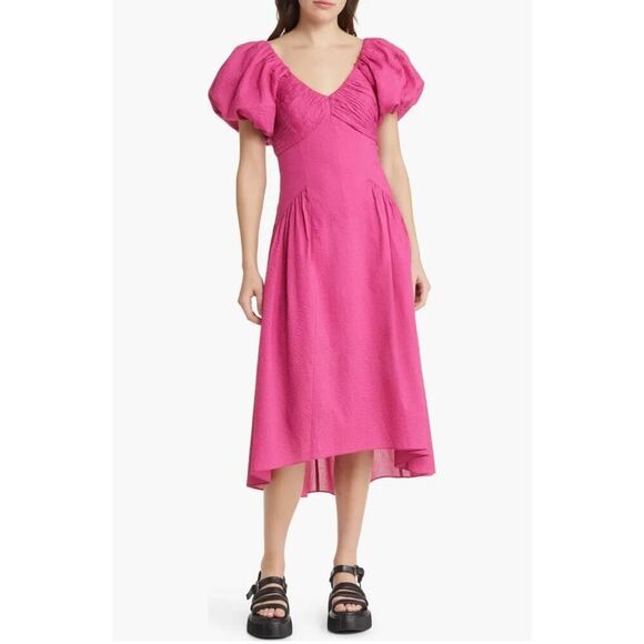 NWT Frame Puff Sleeve Cotton Midi Dress Fuchsia Pink - Size: Small - Picture 1 of 16